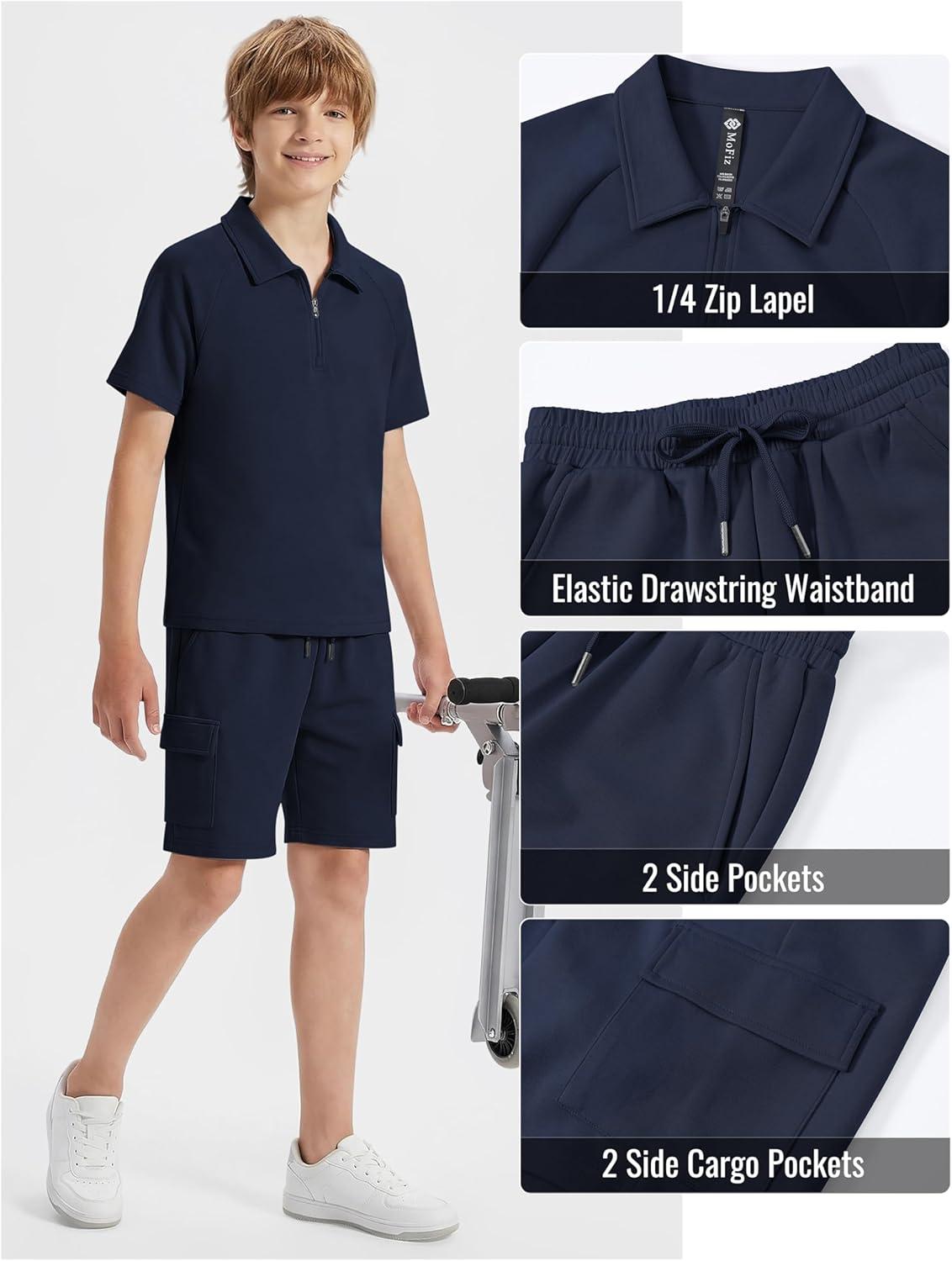 image:imageMoFiz Boys Short Set QuarterZip TShirt and Shorts Lounge Sets Summer Casual Athletic Vacation Beach OutfitsNavy Blue