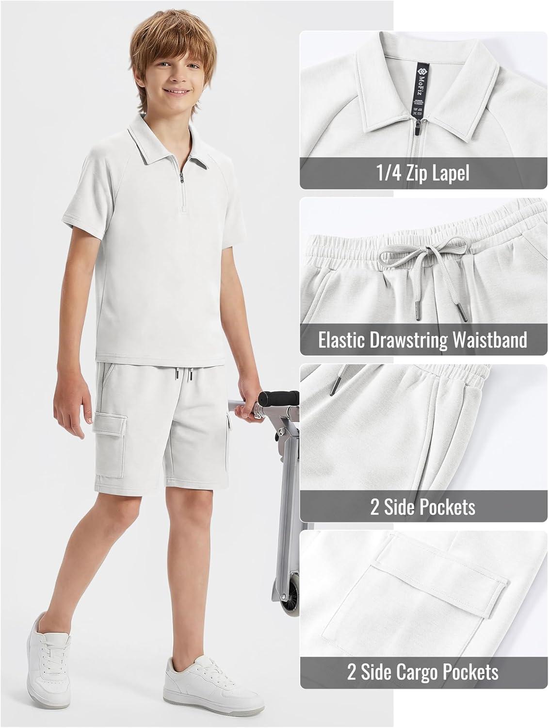 image:imageMoFiz Boys Short Set QuarterZip TShirt and Shorts Lounge Sets Summer Casual Athletic Vacation Beach OutfitsWhite