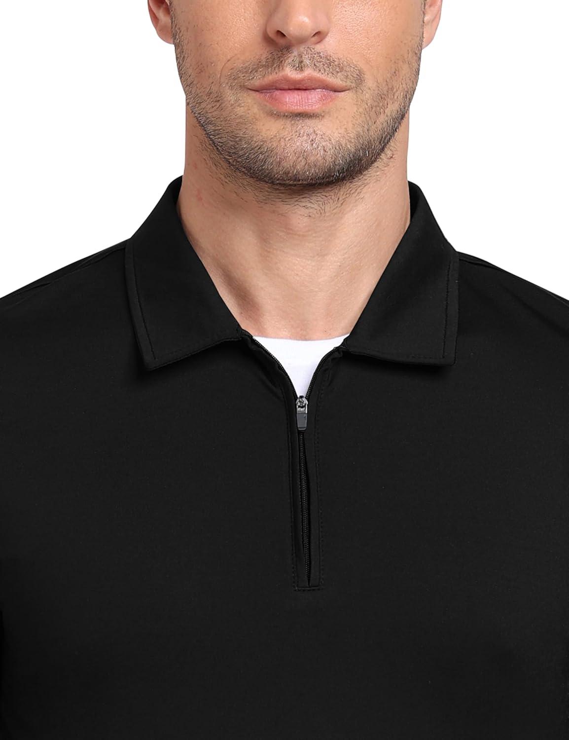 image:imageMoFiz Lightweight Mens Long Sleeve Polo Shirts Quarter Zipper Pullover Mens Polo ShirtsBlack