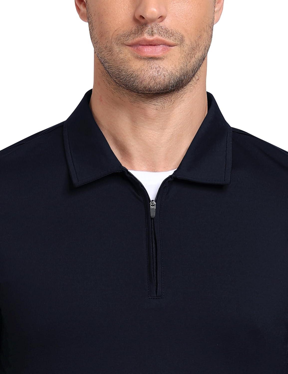 image:imageMoFiz Lightweight Mens Long Sleeve Polo Shirts Quarter Zipper Pullover Mens Polo ShirtsNavy