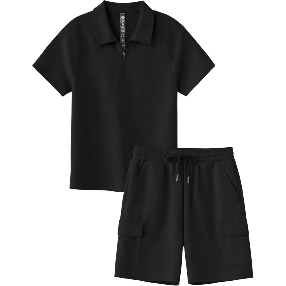 image:imageMoFiz Boys Short Set QuarterZip TShirt and Shorts Lounge Sets Summer Casual Athletic Vacation Beach OutfitsBlack