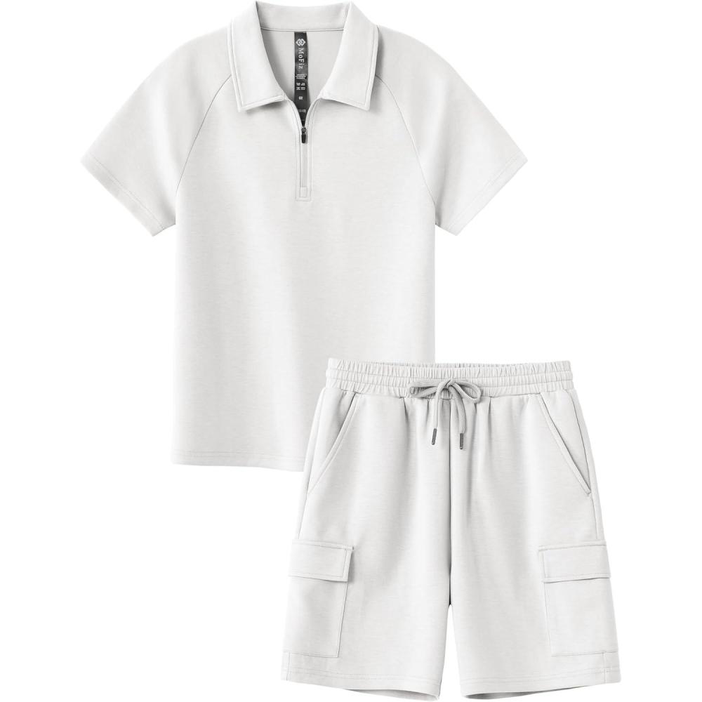 image:imageMoFiz Boys Short Set QuarterZip TShirt and Shorts Lounge Sets Summer Casual Athletic Vacation Beach OutfitsWhite