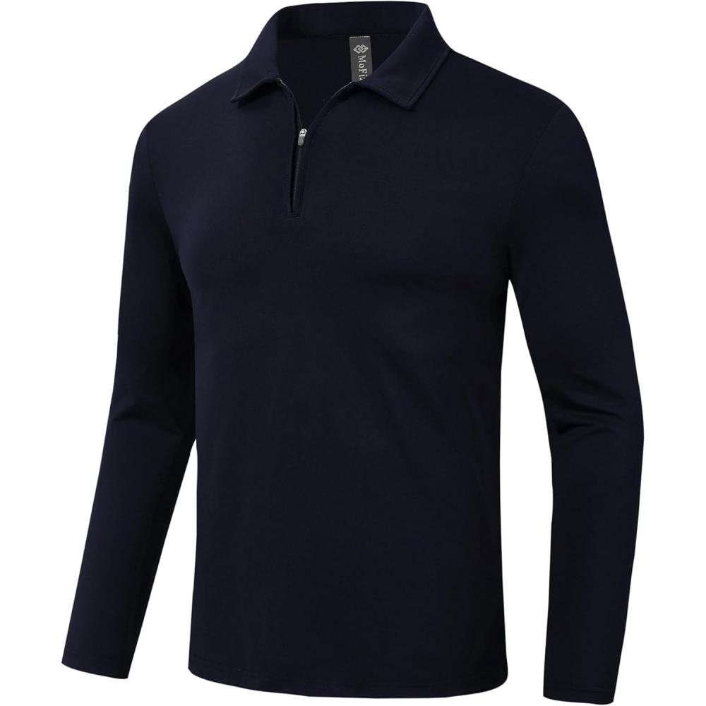image:imageMoFiz Lightweight Mens Long Sleeve Polo Shirts Quarter Zipper Pullover Mens Polo ShirtsNavy