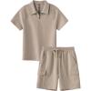 MoFiz Boys Short Set Quarter-Zip T-Shirt and Shorts Lounge Sets Summer Casual Athletic Vacation Beach Outfits(Light Khaki)
