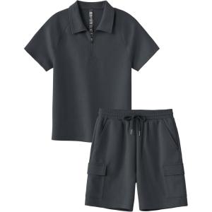 MoFiz Boys Short Set Quarter-Zip T-Shirt and Shorts Lounge Sets Summer Casual Athletic Vacation Beach Outfits(Gray)