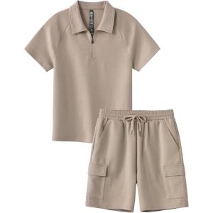 MoFiz Boys Short Set Quarter-Zip T-Shirt and Shorts Lounge Sets Summer Casual Athletic Vacation Beach Outfits(Light Khaki)