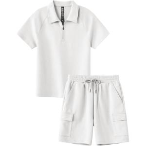 MoFiz Boys Short Set Quarter-Zip T-Shirt and Shorts Lounge Sets Summer Casual Athletic Vacation Beach Outfits(White)