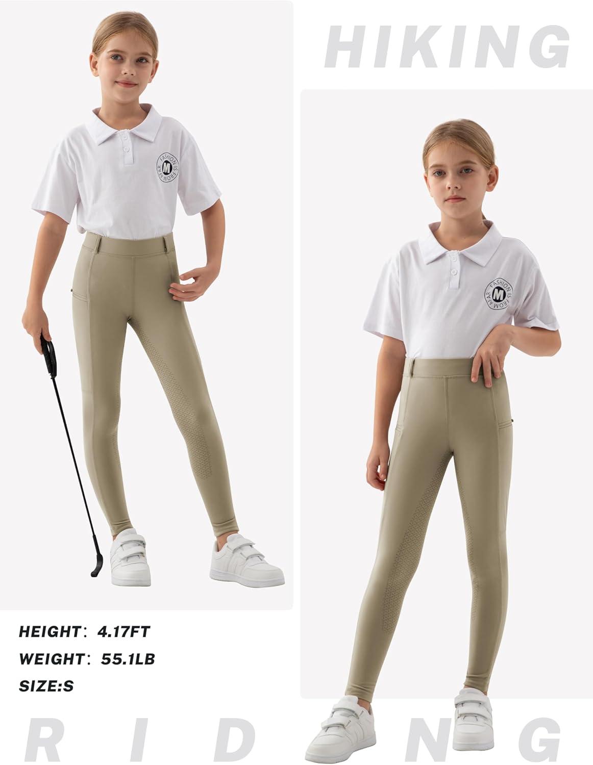 image:imageMoFiz Girls Horse Riding Pants Summer Full Seat Silicone Kids Equestrian Breeches Youth Schooling Tights Zipper PocketsA01khaki