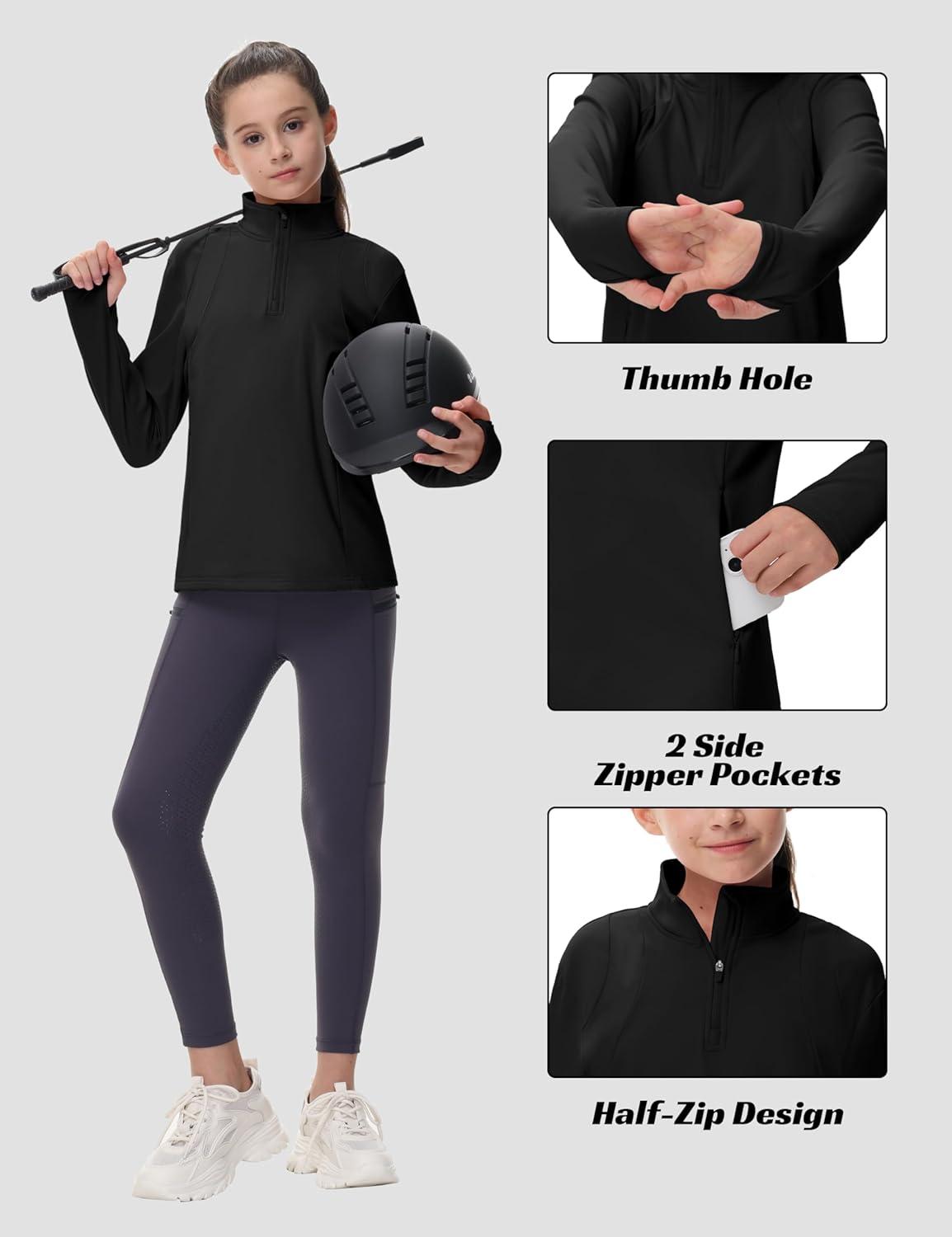 image:imageMoFiz Girls Long Sleeve Equestrian Riding Shirt Soft Thermal Half Zip Fleece Lined Jacket for Winter Horseback Riding KidsBlack