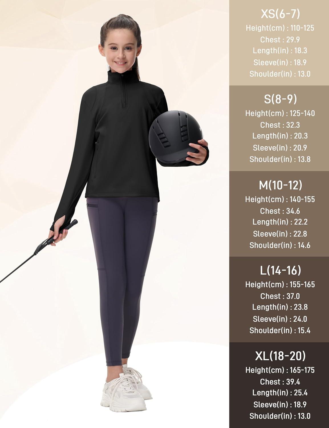 image:imageMoFiz Girls Long Sleeve Equestrian Riding Shirt Soft Thermal Half Zip Fleece Lined Jacket for Winter Horseback Riding KidsBlack
