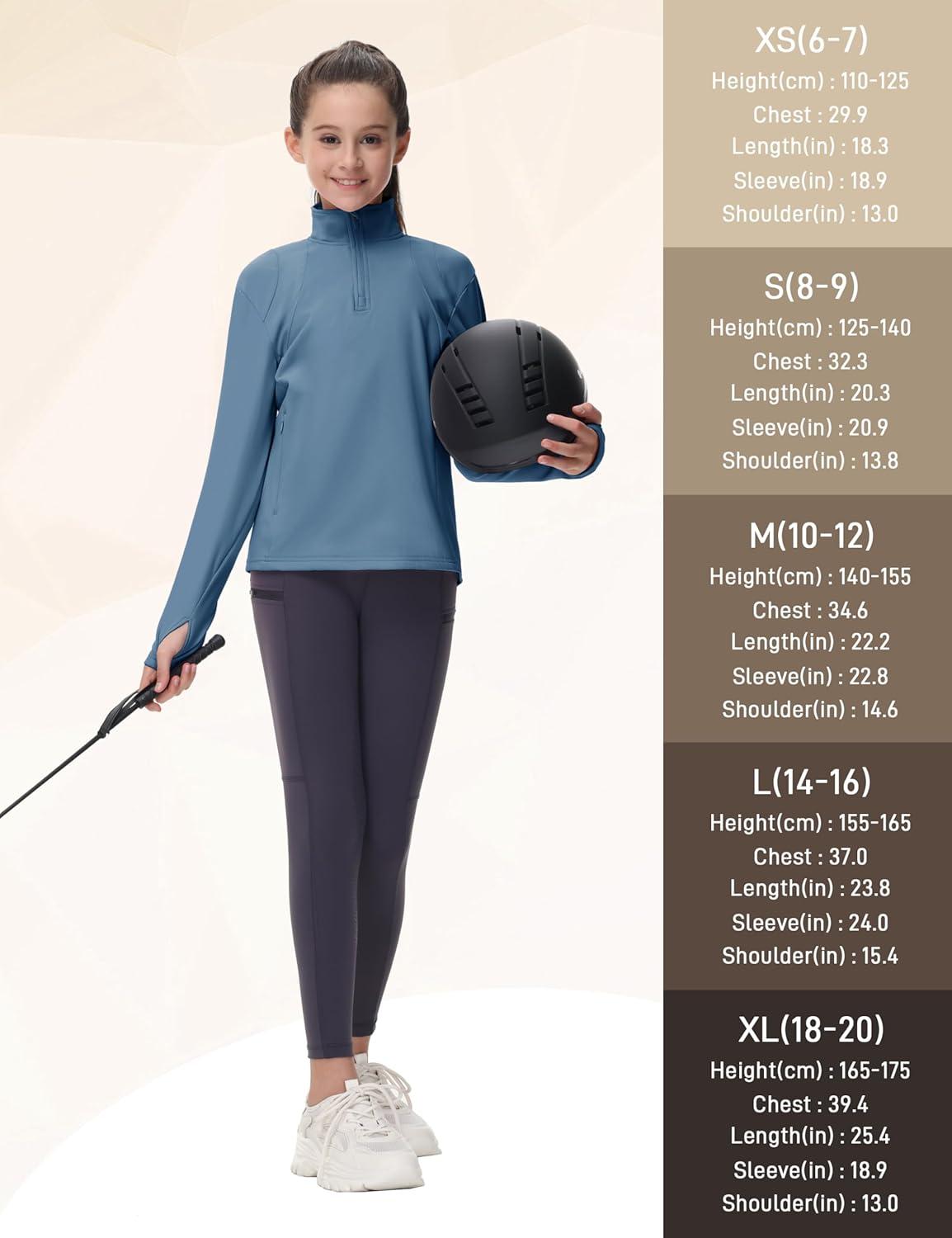 image:imageMoFiz Girls Long Sleeve Equestrian Riding Shirt Soft Thermal Half Zip Fleece Lined Jacket for Winter Horseback Riding KidsBlue