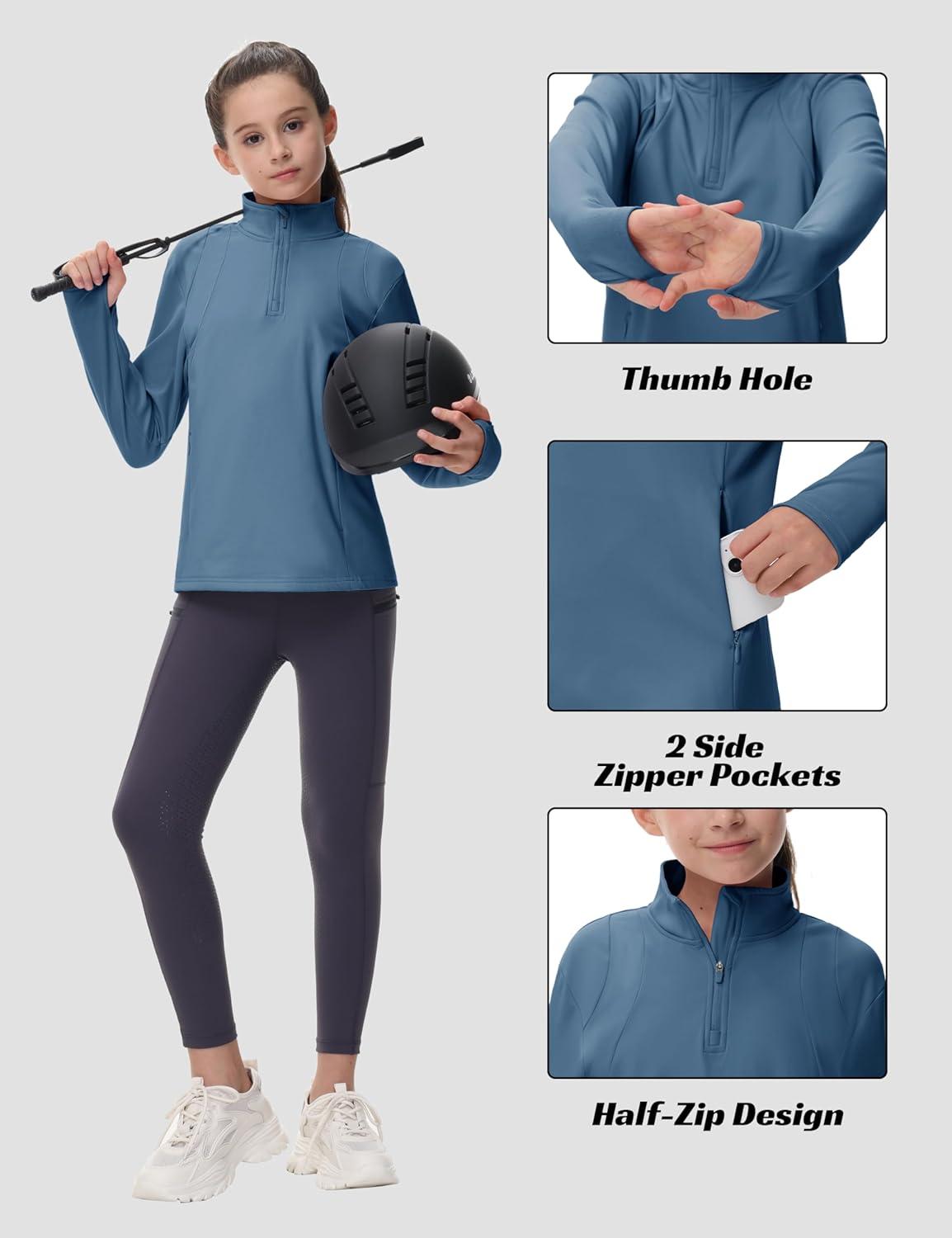image:imageMoFiz Girls Long Sleeve Equestrian Riding Shirt Soft Thermal Half Zip Fleece Lined Jacket for Winter Horseback Riding KidsBlue