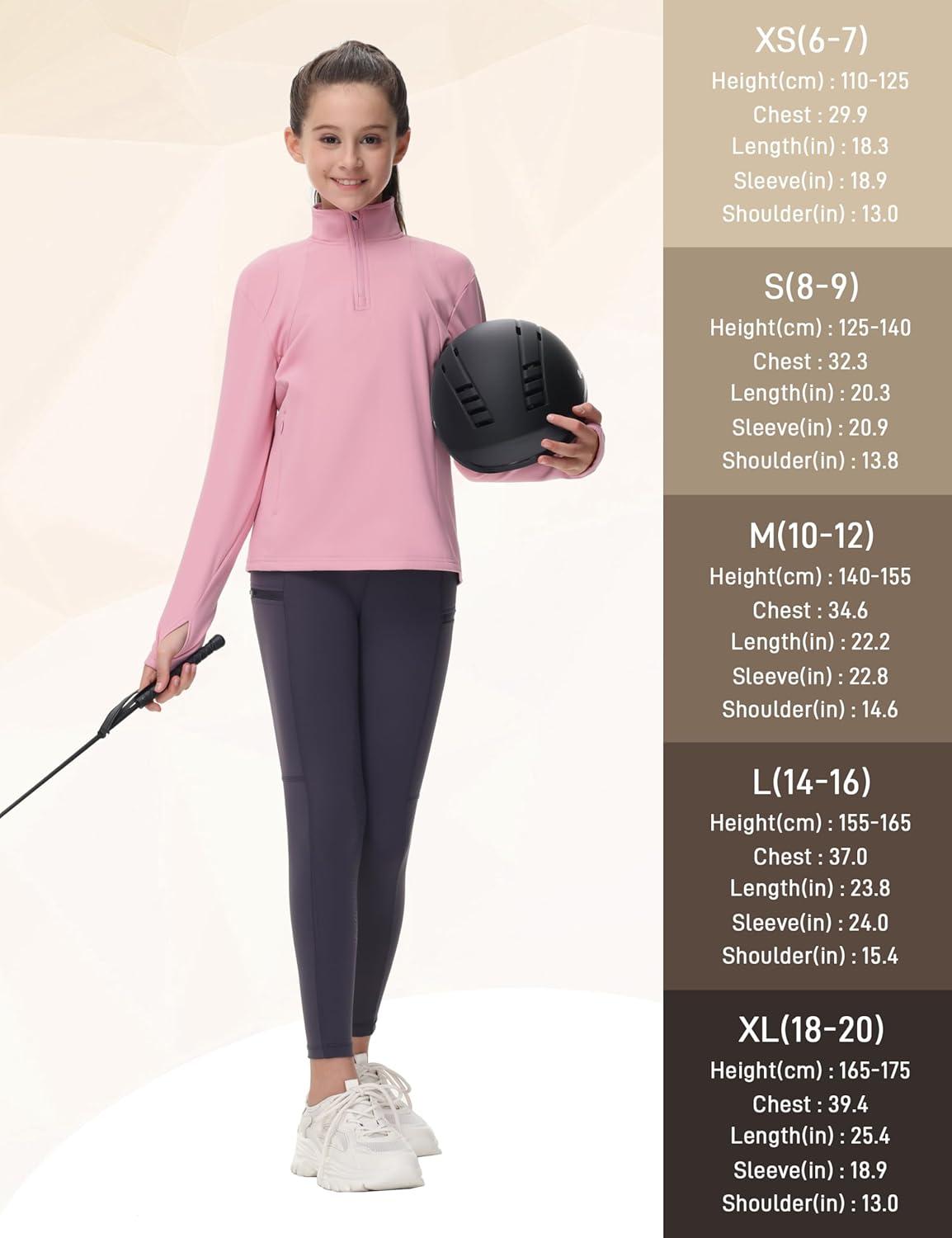 image:imageMoFiz Girls Long Sleeve Equestrian Riding Shirt Soft Thermal Half Zip Fleece Lined Jacket for Winter Horseback Riding KidsPink