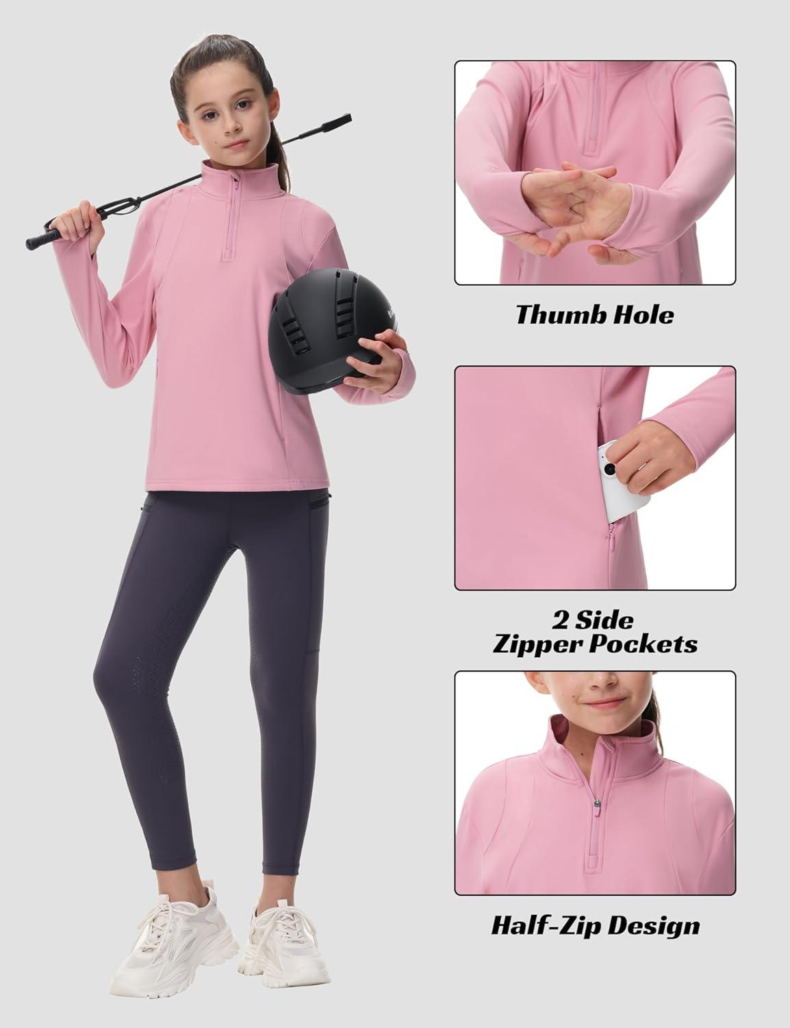 image:imageMoFiz Girls Long Sleeve Equestrian Riding Shirt Soft Thermal Half Zip Fleece Lined Jacket for Winter Horseback Riding KidsPink