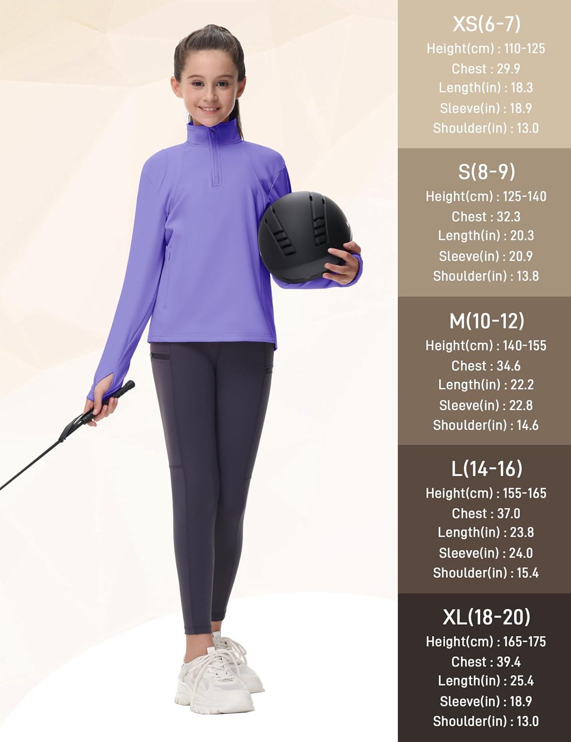 image:imageMoFiz Girls Long Sleeve Equestrian Riding Shirt Soft Thermal Half Zip Fleece Lined Jacket for Winter Horseback Riding KidsPurple