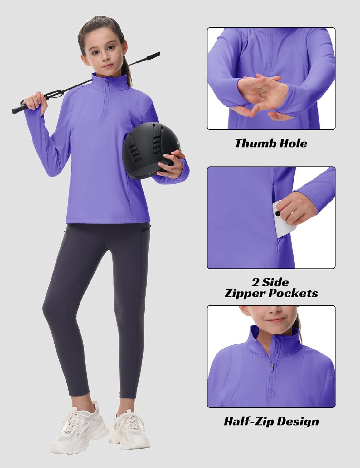 image:imageMoFiz Girls Long Sleeve Equestrian Riding Shirt Soft Thermal Half Zip Fleece Lined Jacket for Winter Horseback Riding KidsPurple