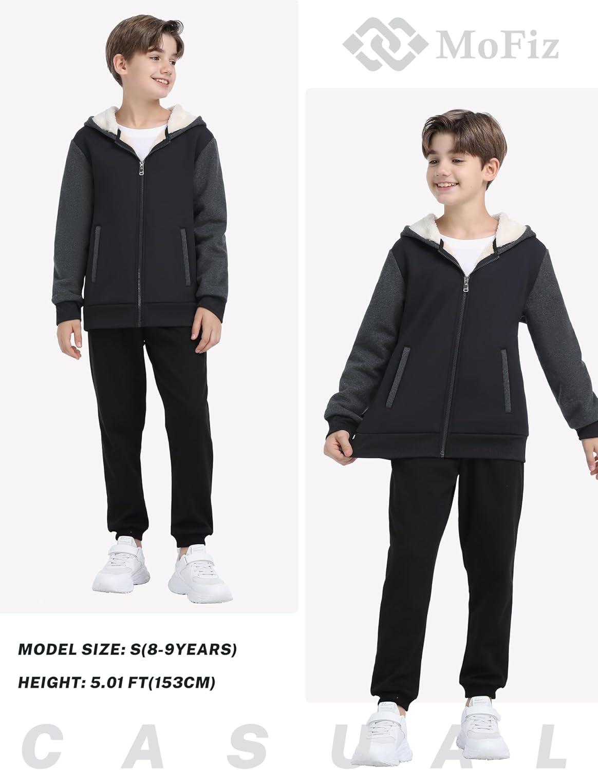 image:imageMoFiz Kids Fleece Jackets Sherpa Lined Hoodie Jacket Hooded Zip up Sweatshirt Coats for Boys Girls Winter Casual OuterwearBlackgrey