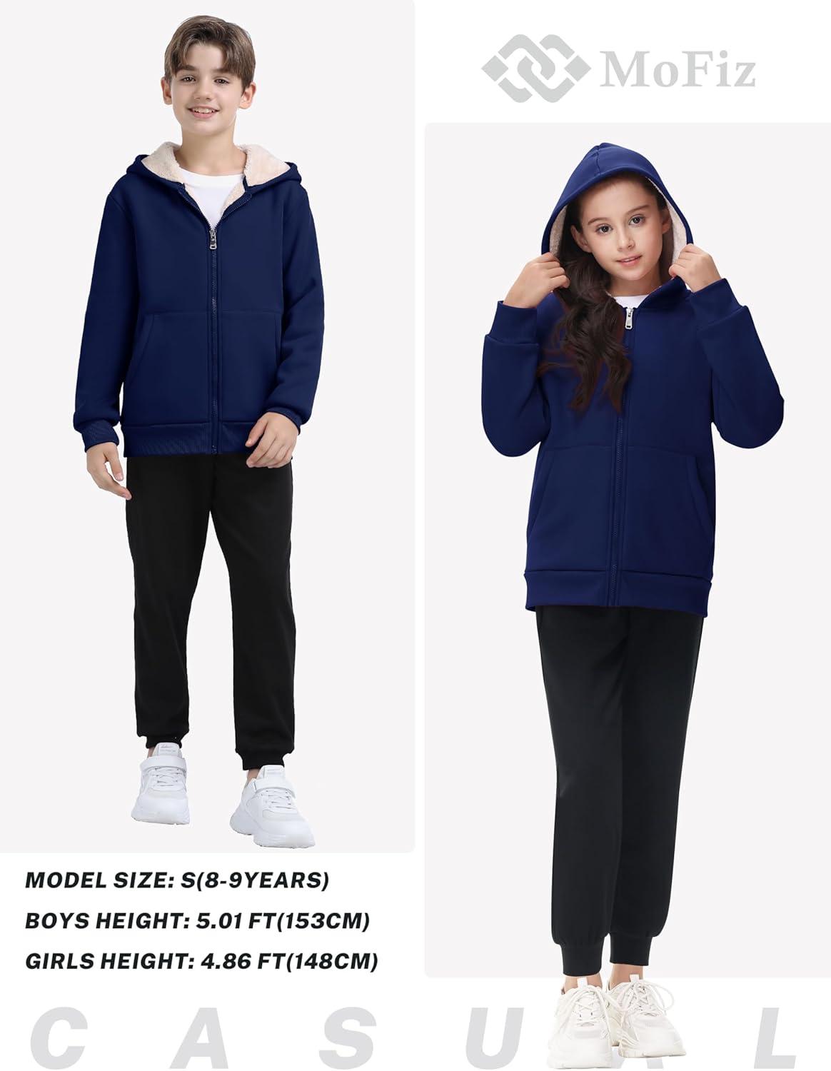 image:imageMoFiz Kids Fleece Jackets Sherpa Lined Hoodie Jacket Hooded Zip up Sweatshirt Coats for Boys Girls Winter Casual OuterwearNavy Blue