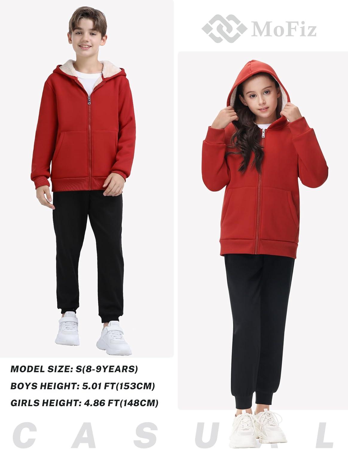 image:imageMoFiz Kids Fleece Jackets Sherpa Lined Hoodie Jacket Hooded Zip up Sweatshirt Coats for Boys Girls Winter Casual OuterwearRed