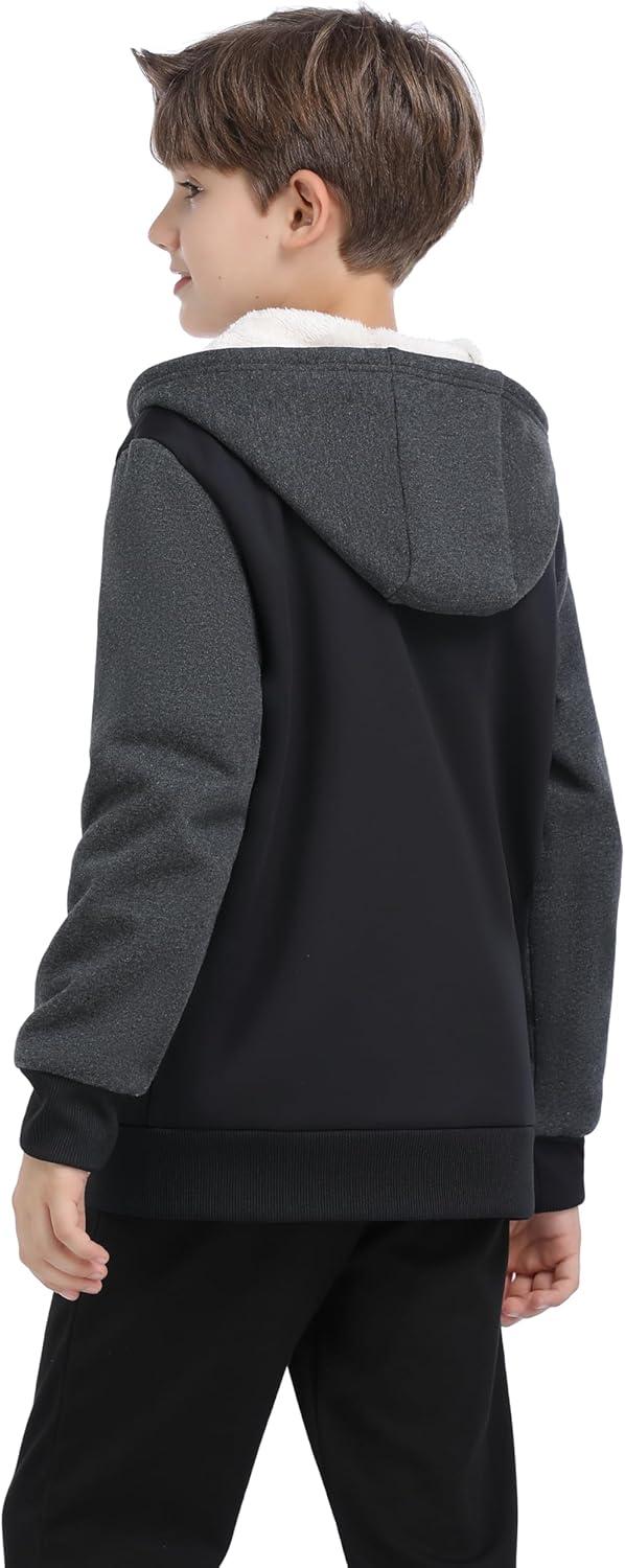 image:imageMoFiz Kids Sherpa Lined Hoodie Fleece Jacket Boys Girls Warm Sweatshirt Full Zip Hooded Soft Winter Coat School OuterwearBlack Grey