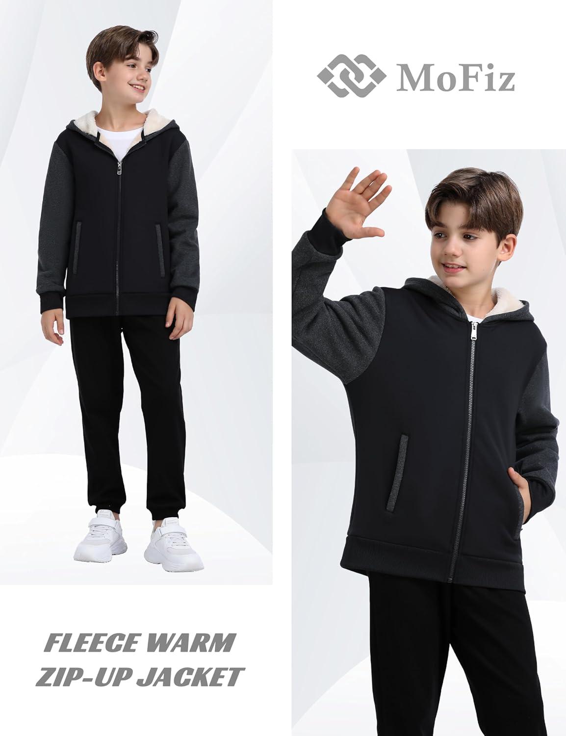 image:imageMoFiz Kids Sherpa Lined Hoodie Fleece Jacket Boys Girls Warm Sweatshirt Full Zip Hooded Soft Winter Coat School OuterwearBlack Grey