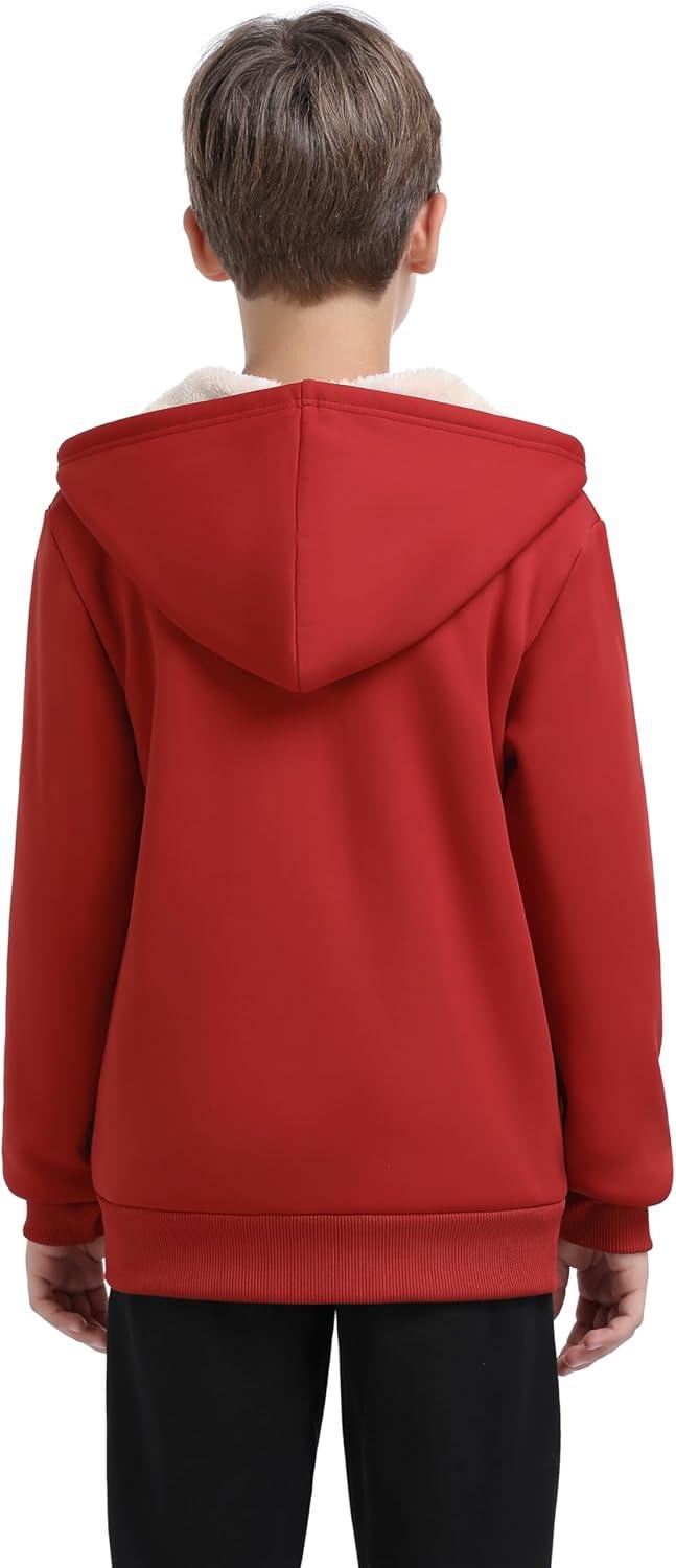 image:imageMoFiz Kids Sherpa Lined Hoodie Fleece Jacket Boys Girls Warm Sweatshirt Full Zip Hooded Soft Winter Coat School OuterwearRed