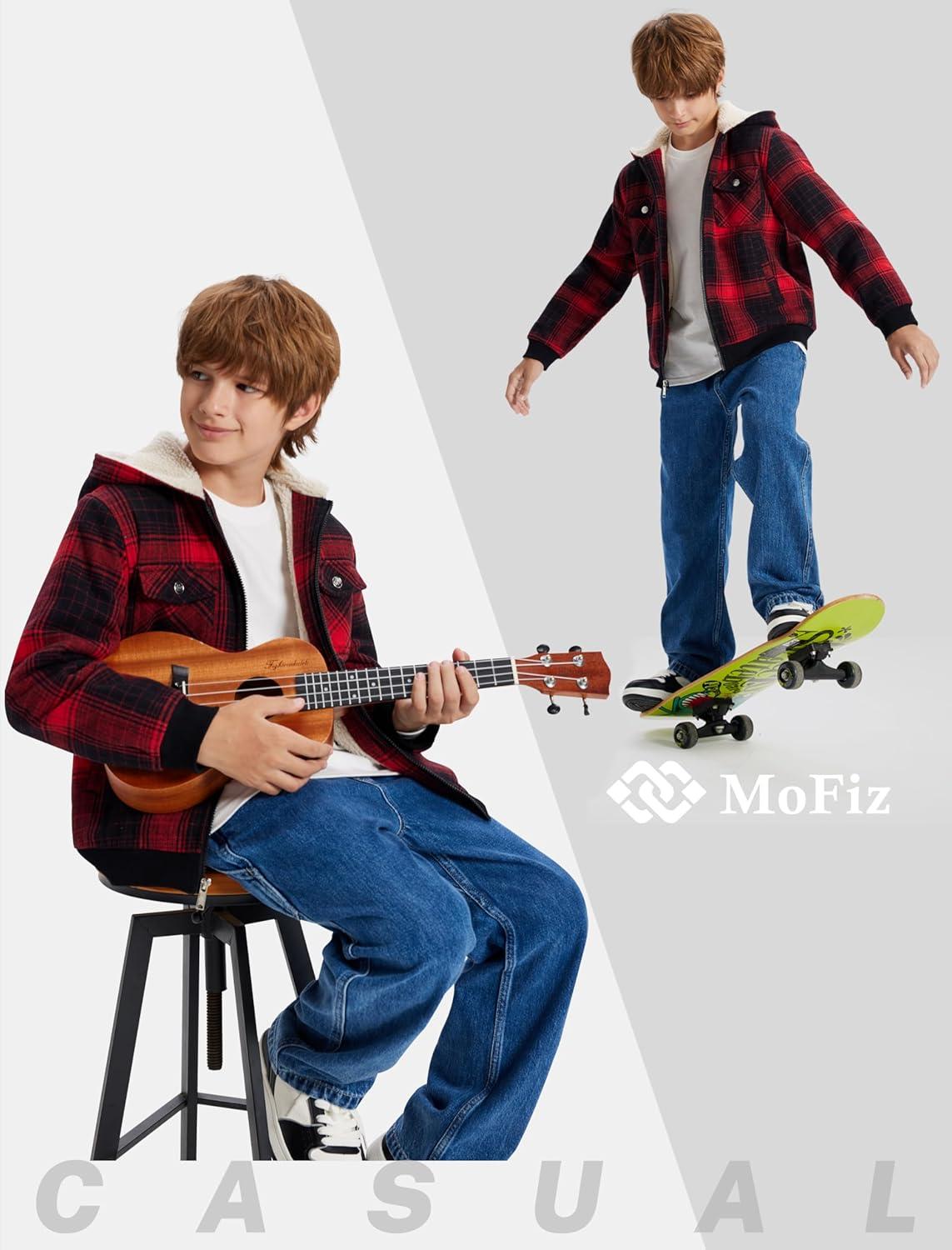 image:imageMoFiz Kids Sherpa Lined Hoodie Fleece Jacket Boys Girls Warm Sweatshirt Full Zip Hooded Soft Winter Coat School OuterwearRed Plaid