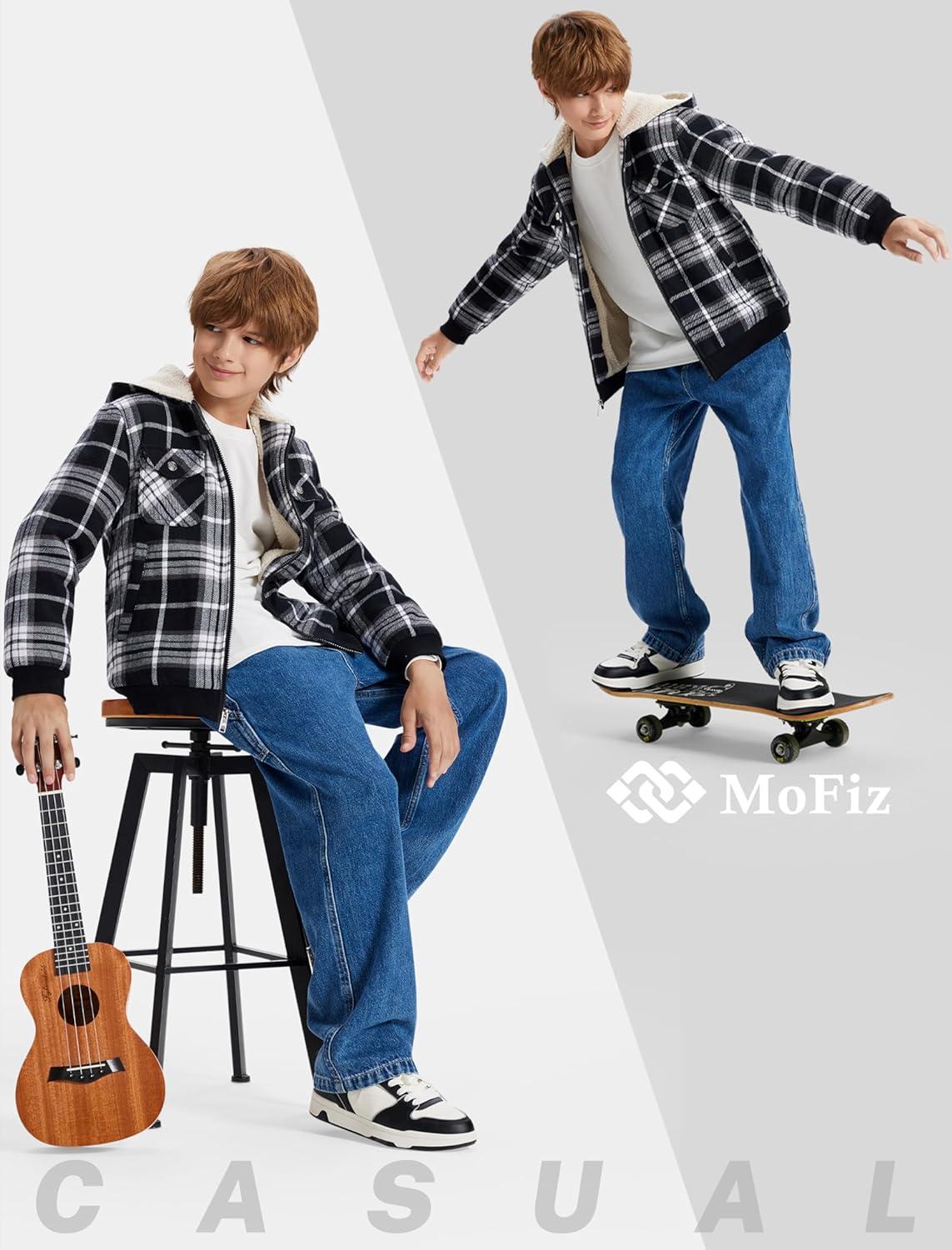image:imageMoFiz Kids Sherpa Lined Hoodie Fleece Jacket Boys Girls Warm Sweatshirt Full Zip Hooded Soft Winter Coat School OuterwearWhite Plaid