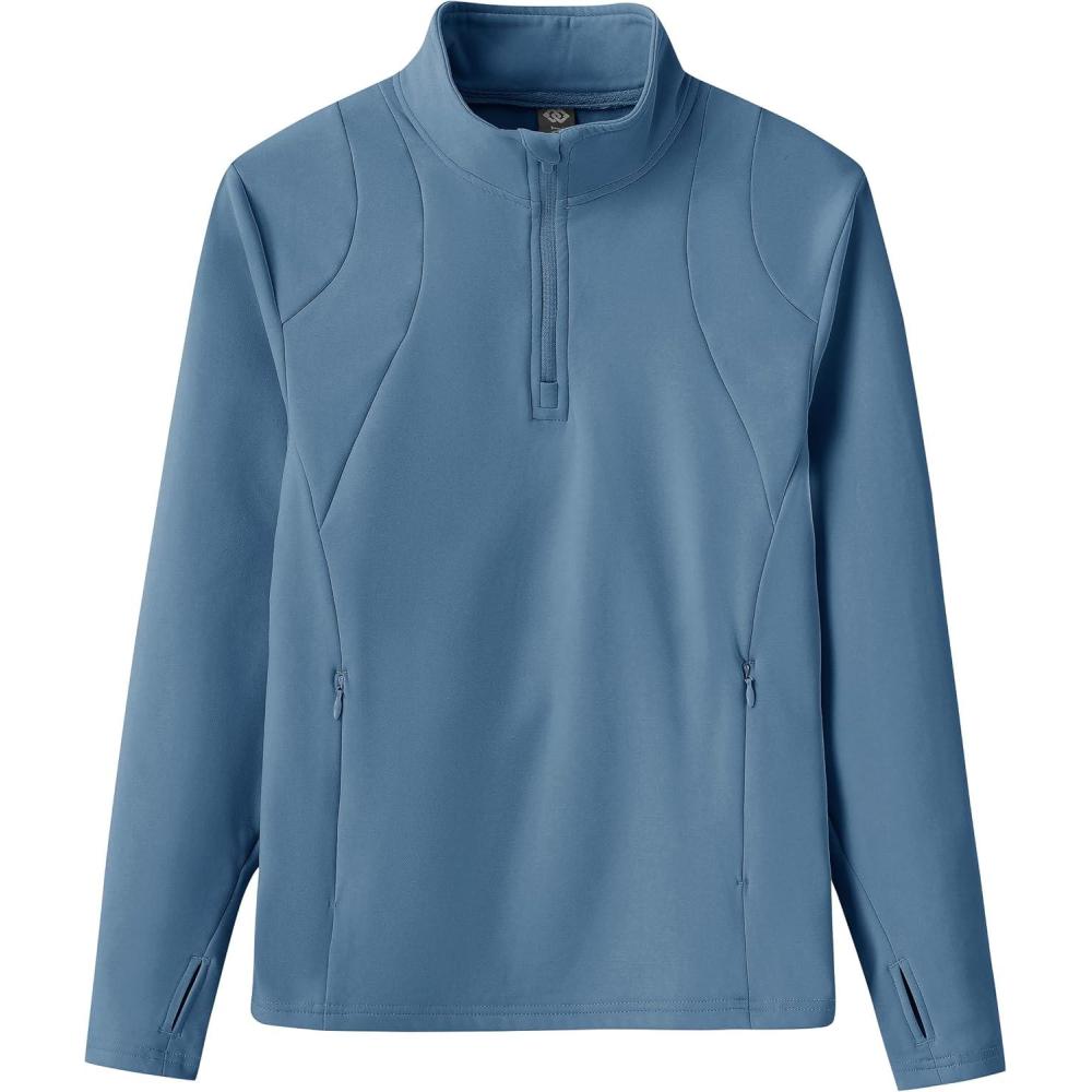 image:imageMoFiz Girls Long Sleeve Equestrian Riding Shirt Soft Thermal Half Zip Fleece Lined Jacket for Winter Horseback Riding KidsBlue