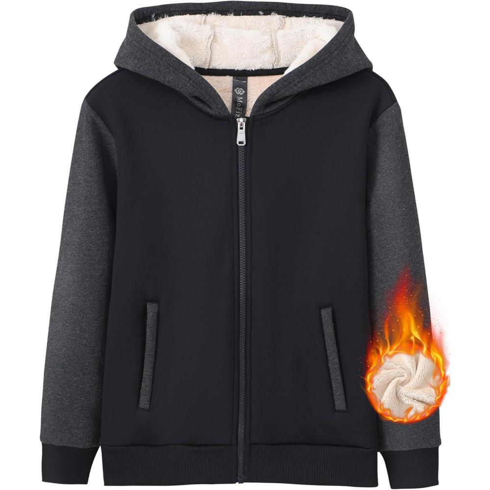 image:imageMoFiz Kids Fleece Jackets Sherpa Lined Hoodie Jacket Hooded Zip up Sweatshirt Coats for Boys Girls Winter Casual OuterwearBlackgrey