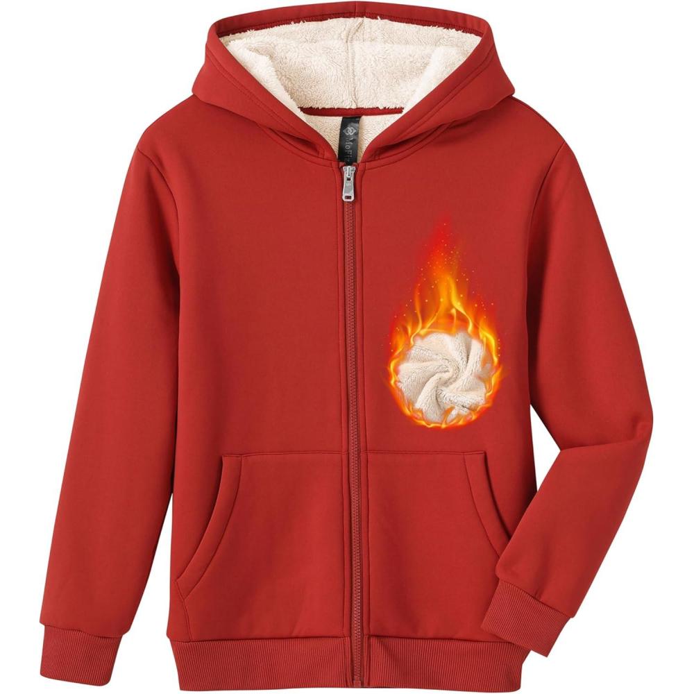 image:imageMoFiz Kids Fleece Jackets Sherpa Lined Hoodie Jacket Hooded Zip up Sweatshirt Coats for Boys Girls Winter Casual OuterwearRed