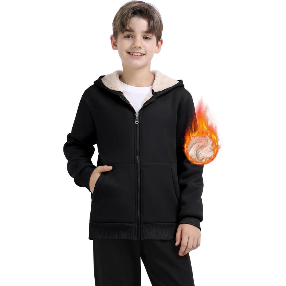image:imageMoFiz Kids Sherpa Lined Hoodie Fleece Jacket Boys Girls Warm Sweatshirt Full Zip Hooded Soft Winter Coat School OuterwearBlack