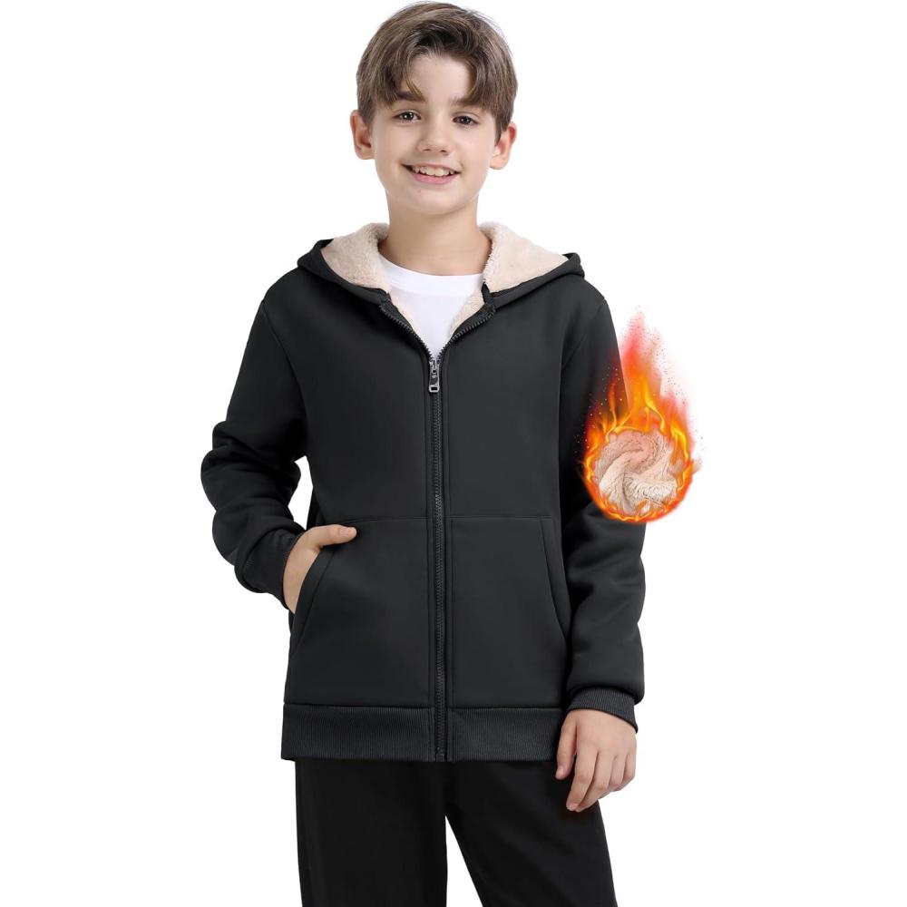 image:imageMoFiz Kids Sherpa Lined Hoodie Fleece Jacket Boys Girls Warm Sweatshirt Full Zip Hooded Soft Winter Coat School OuterwearDark Grey