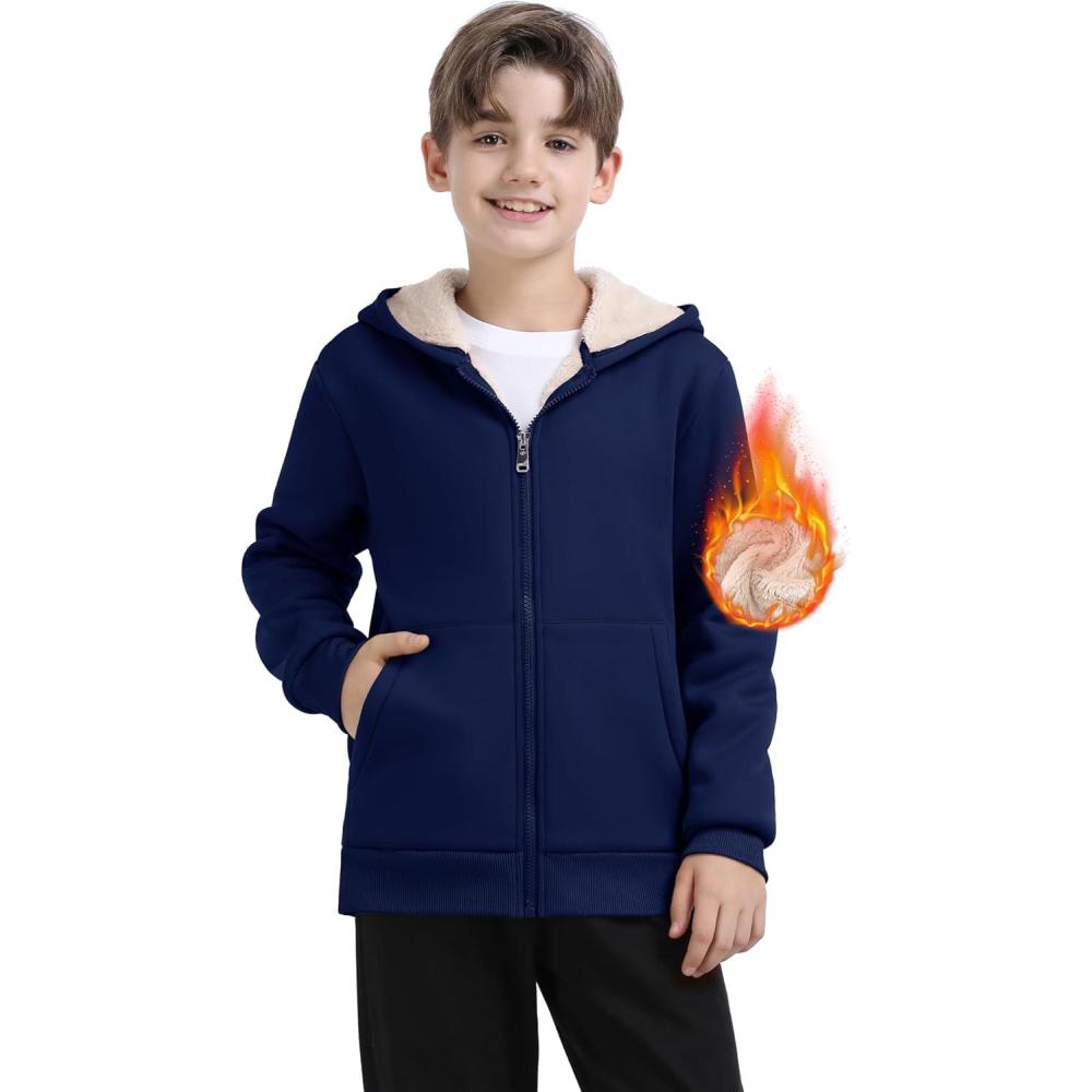 image:imageMoFiz Kids Sherpa Lined Hoodie Fleece Jacket Boys Girls Warm Sweatshirt Full Zip Hooded Soft Winter Coat School OuterwearNavy Blue