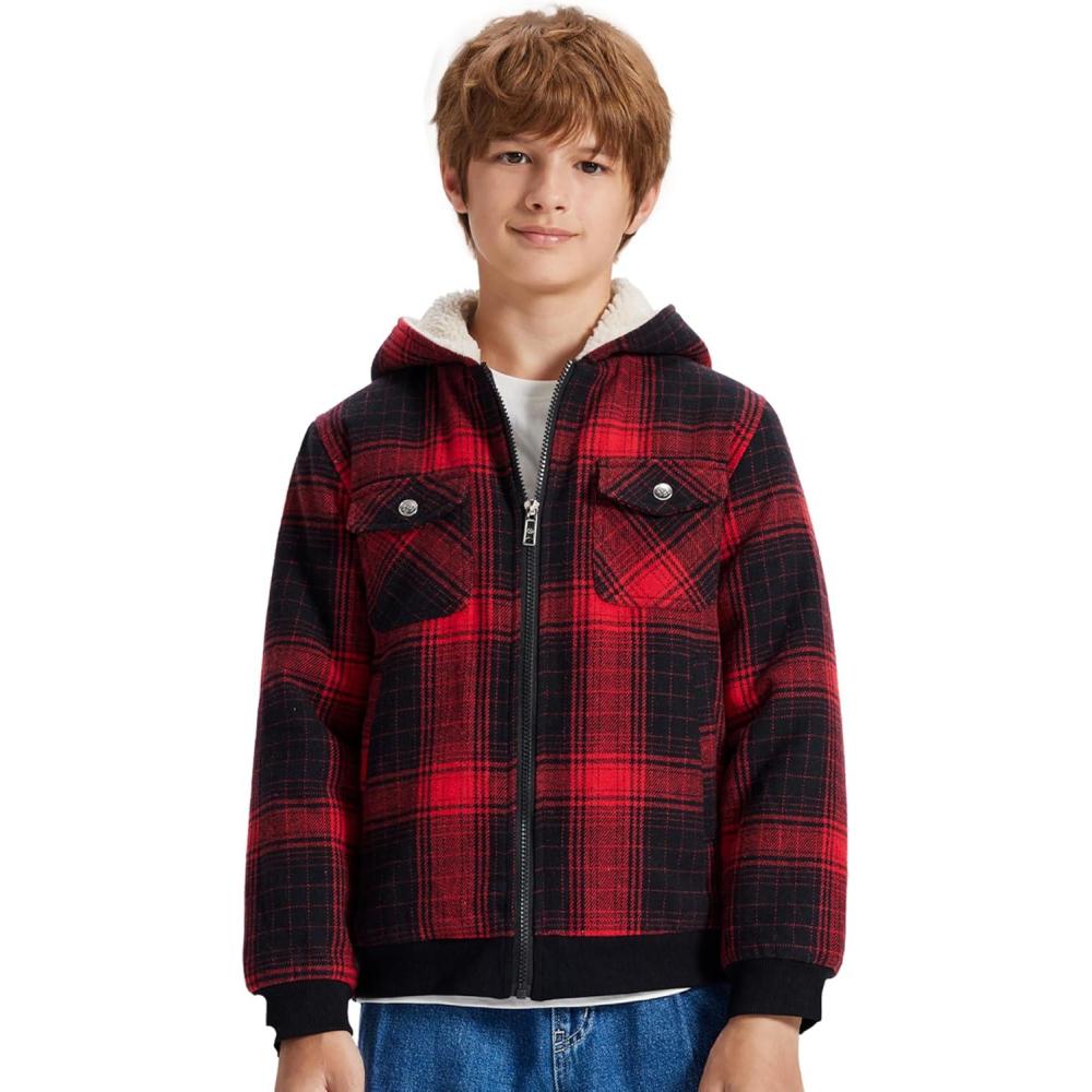 image:imageMoFiz Kids Sherpa Lined Hoodie Fleece Jacket Boys Girls Warm Sweatshirt Full Zip Hooded Soft Winter Coat School OuterwearRed Plaid