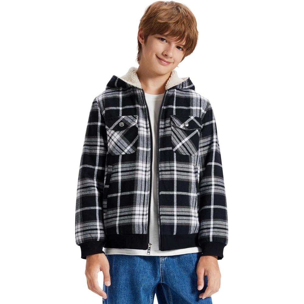 image:imageMoFiz Kids Sherpa Lined Hoodie Fleece Jacket Boys Girls Warm Sweatshirt Full Zip Hooded Soft Winter Coat School OuterwearWhite Plaid