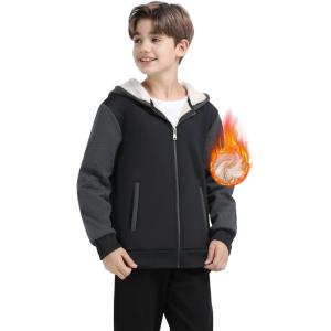 MoFiz Kids Sherpa Lined Hoodie Fleece Jacket Boys Girls Warm Sweatshirt Full Zip Hooded Soft Winter Coat School Outerwear(Black Grey)