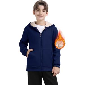 MoFiz Kids Sherpa Lined Hoodie Fleece Jacket Boys Girls Warm Sweatshirt Full Zip Hooded Soft Winter Coat School Outerwear(Navy Blue)