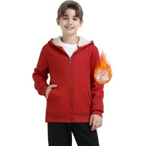 MoFiz Kids Sherpa Lined Hoodie Fleece Jacket Boys Girls Warm Sweatshirt Full Zip Hooded Soft Winter Coat School Outerwear(Red)