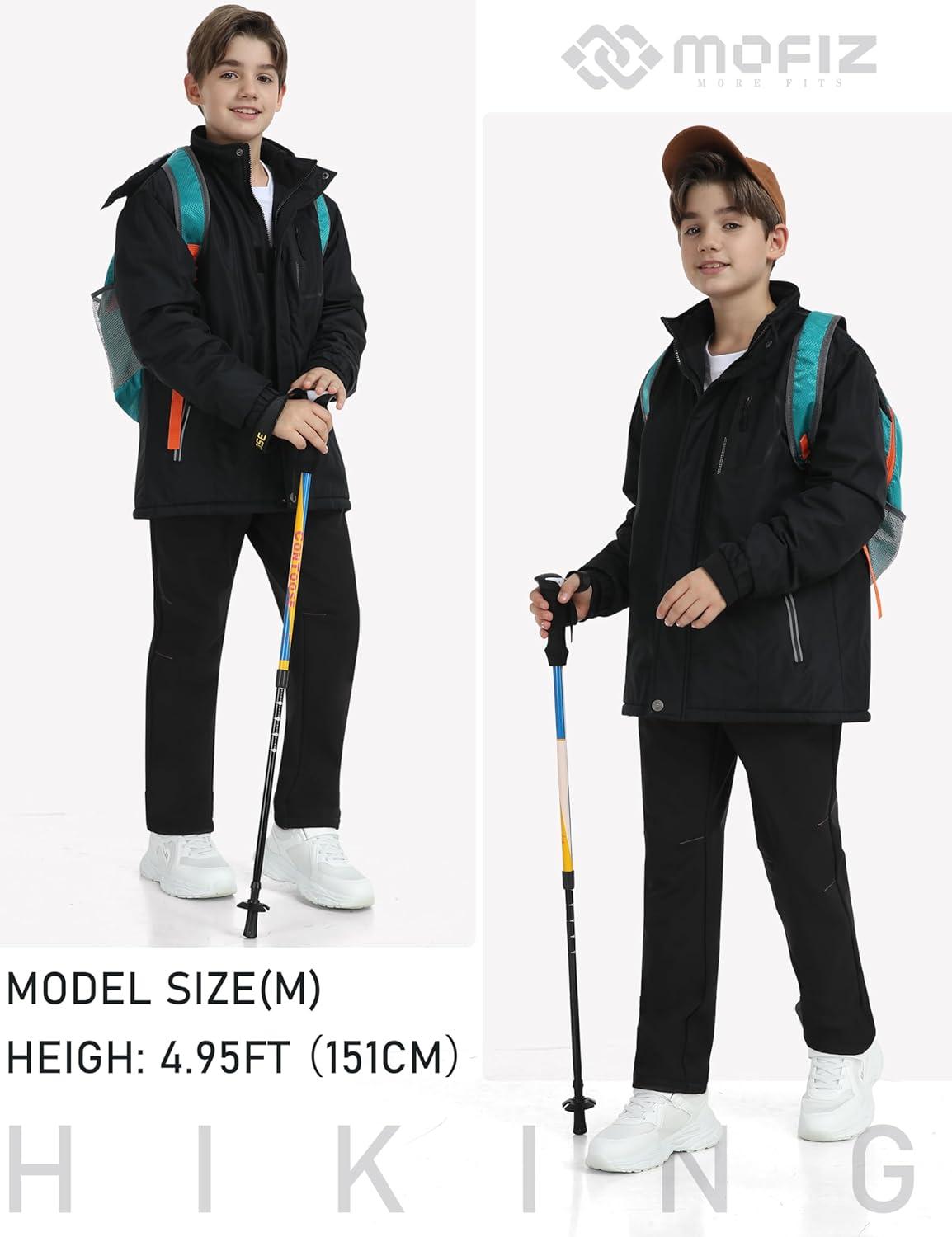 image:imageMoFiz Kids Waterproof Snow Ski Pants Kids Winter Warm Fleece Snowboard Pants Girls Elastic Waist Outdoor Hiking PantsZipblack 2