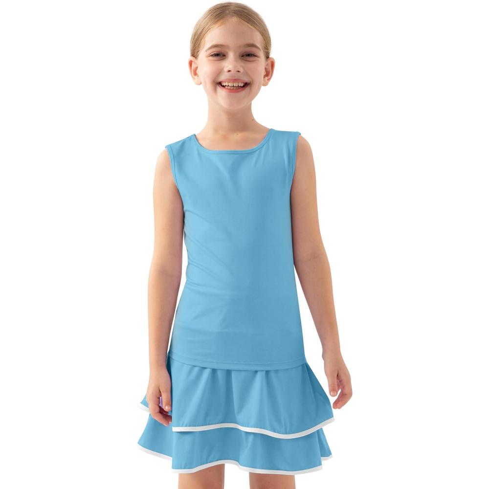image:imageMoFiz Girls Tennis Golf Dress Outfit Sleeveless Tank Top Sets Athletic Dresses with Shorts PocketsLight Blue