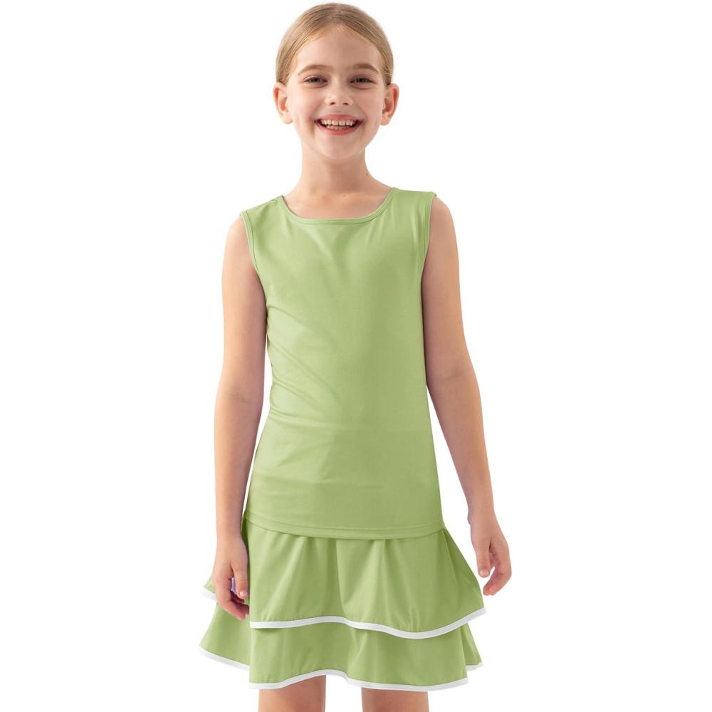 image:imageMoFiz Girls Tennis Golf Dress Outfit Sleeveless Tank Top Sets Athletic Dresses with Shorts PocketsLight Green