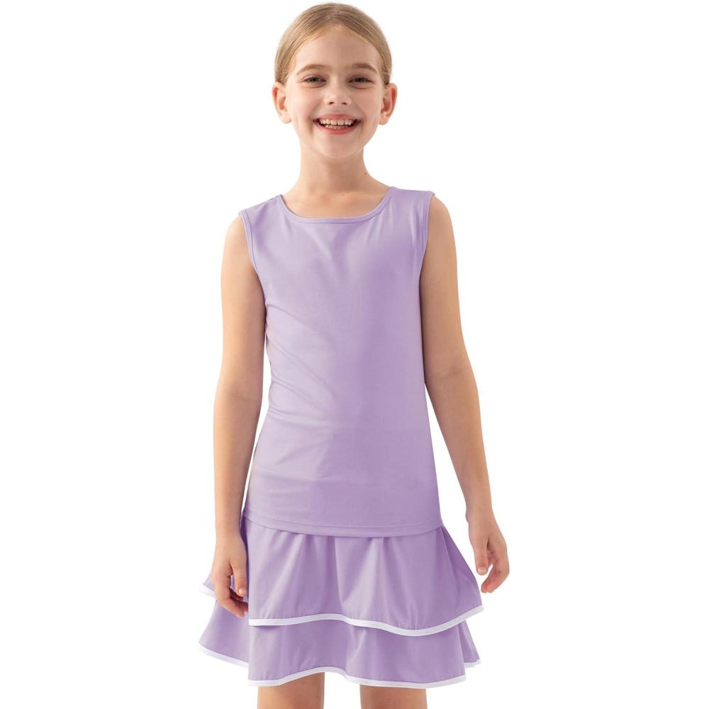 image:imageMoFiz Girls Tennis Golf Dress Outfit Sleeveless Tank Top Sets Athletic Dresses with Shorts PocketsLight Purple