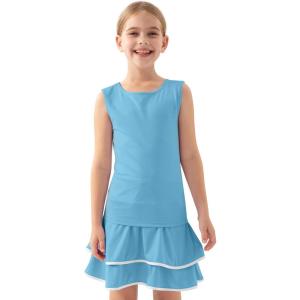 MoFiz Girls Tennis Golf Dress Outfit Sleeveless Tank Top Sets Athletic Dresses with Shorts Pockets(Light Blue)