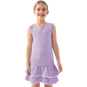 MoFiz Girls Tennis Golf Dress Outfit Sleeveless Tank Top Sets Athletic Dresses with Shorts Pockets(Light Purple)