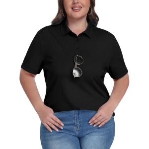 MoFiz Women’s Plus Size Golf Polo Shirts Collared Short Sleeve Golf Shirts Casual Athletic Tennis Workout Tops(Black)