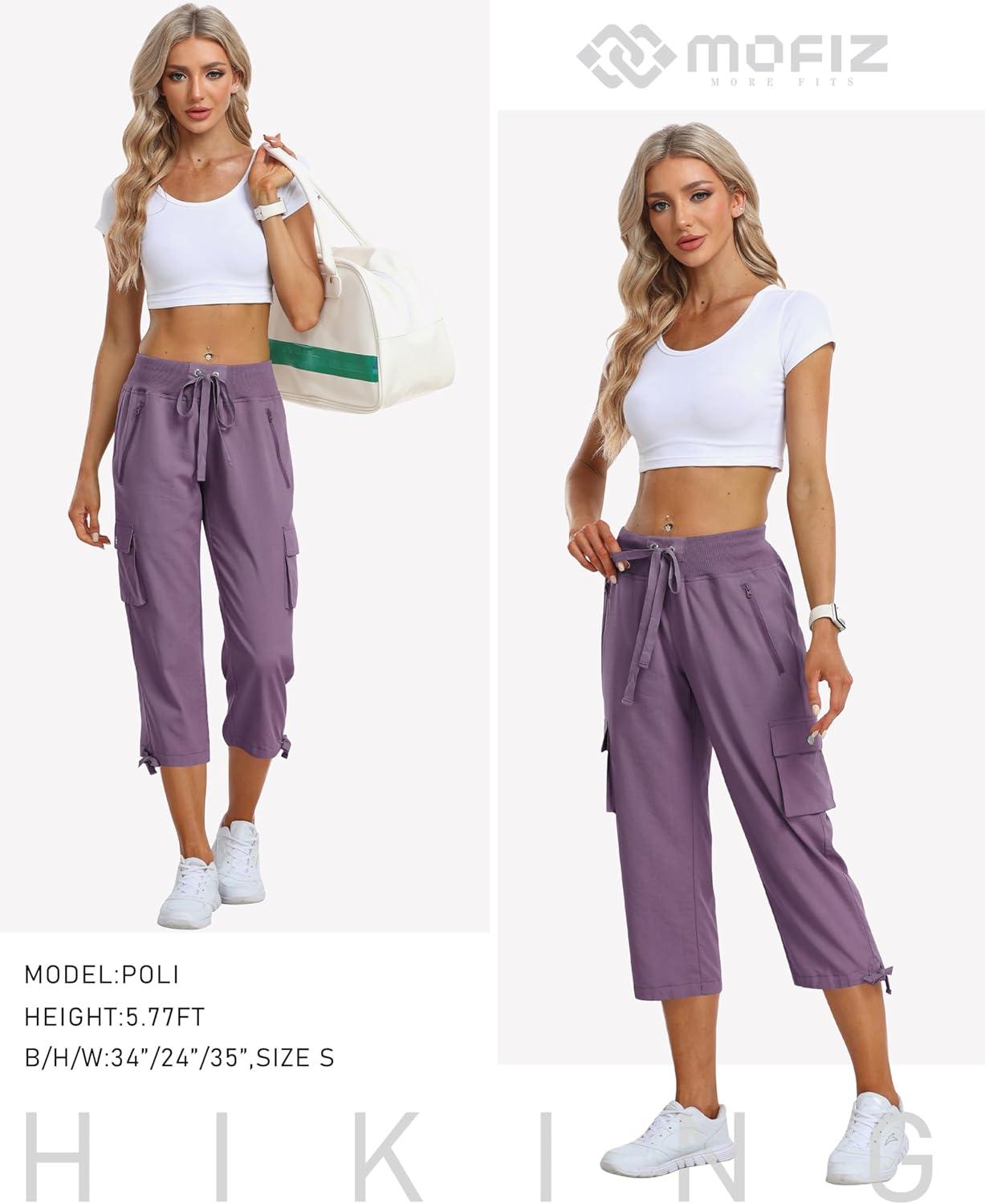 image:imageMoFiz Womens Cargo Capris Pants Loose Fit Casual Hiking Pants Lightweight Quick Dry Travel Summer Pants for WomenPink Purple