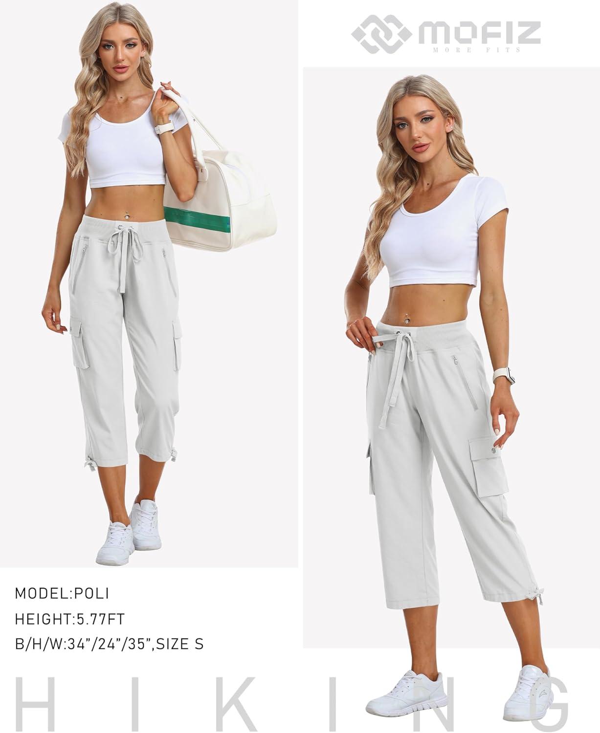 image:imageMoFiz Womens Cargo Capris Pants Loose Fit Casual Hiking Pants Lightweight Quick Dry Travel Summer Pants for WomenWhite