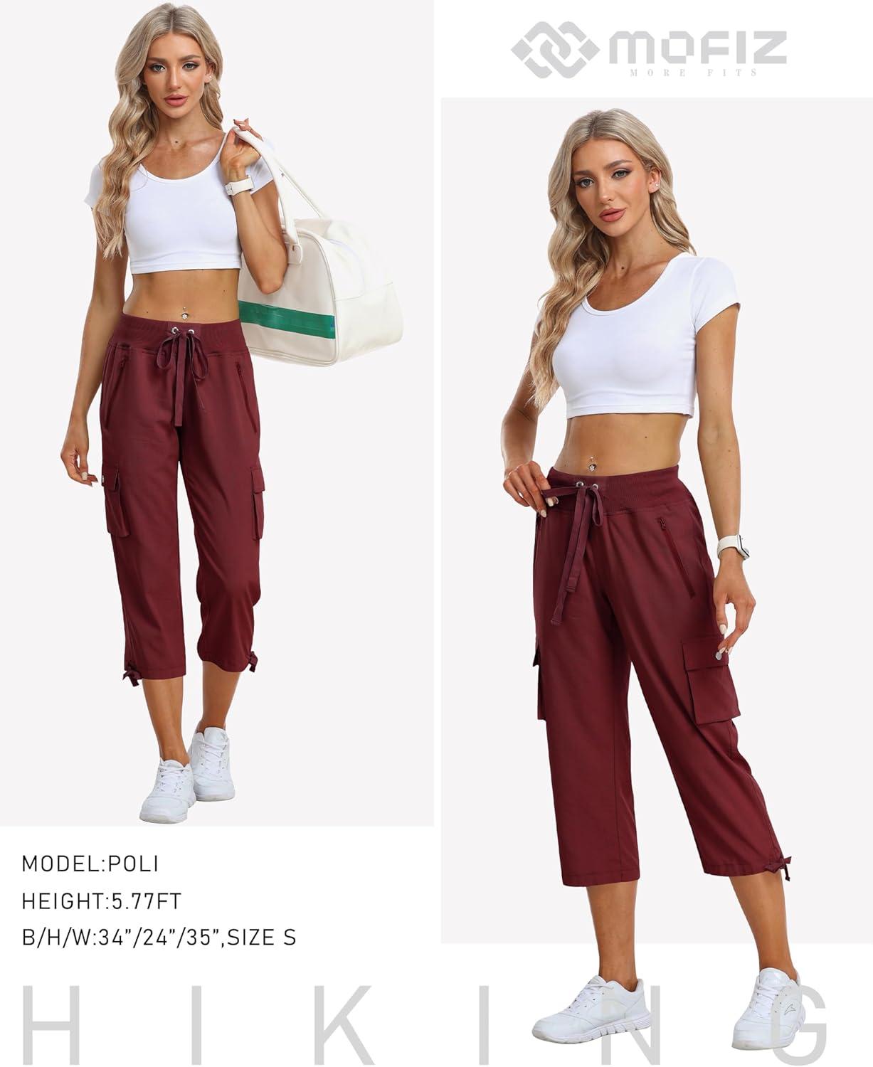 image:imageMoFiz Womens Cargo Capris Pants Loose Fit Casual Hiking Pants Lightweight Quick Dry Travel Summer Pants for WomenWine Red