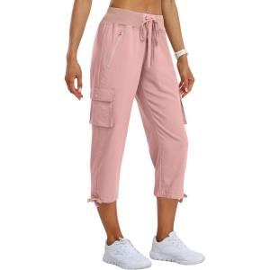 MoFiz Women’s Cargo Capris Pants Loose Fit Casual Hiking Pants Lightweight Quick Dry Travel Summer Pants for Women(Dusty Pink)